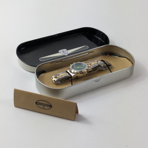 Fossil AM-2956 Womens Wrist Watch 1994 Green Silver NEEDS BATTERY Authentic Case - Picture 12 of 15